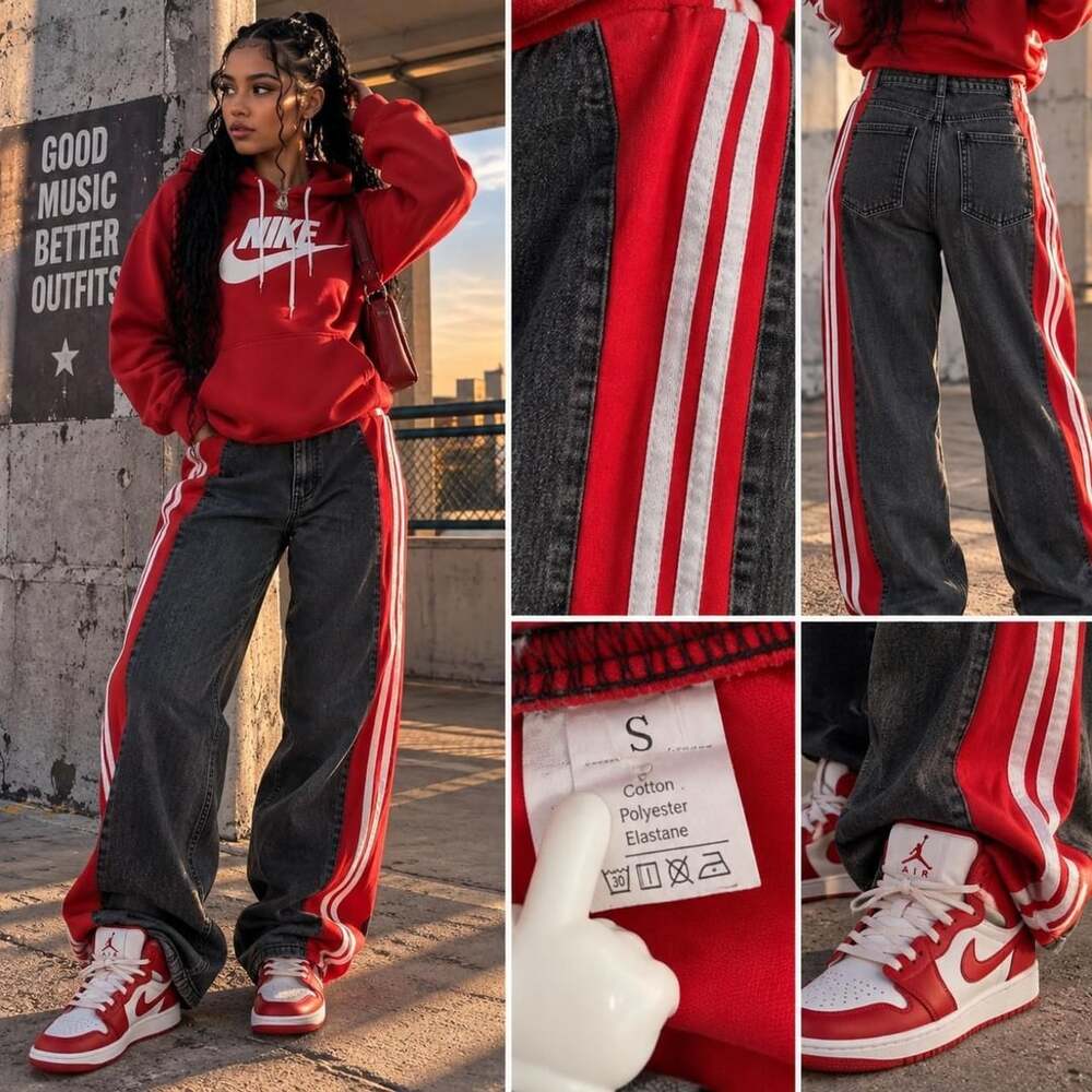 Y2K Hybrid Denim Track Pants Wide Leg Jeans Charcoal Red Size S